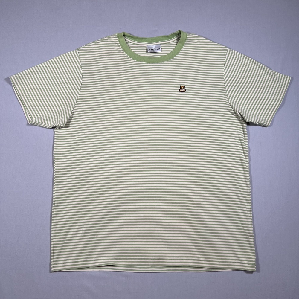 Teddy Fresh Mens XL Sage Green Striped T-Shirt Embroidered Bear Logo Streetwear